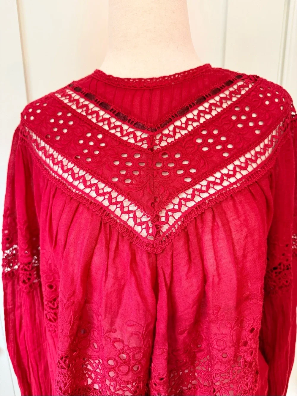 Free People Abigail Victorian Lace-Inset Red Feminine Blouse - Women Tops
